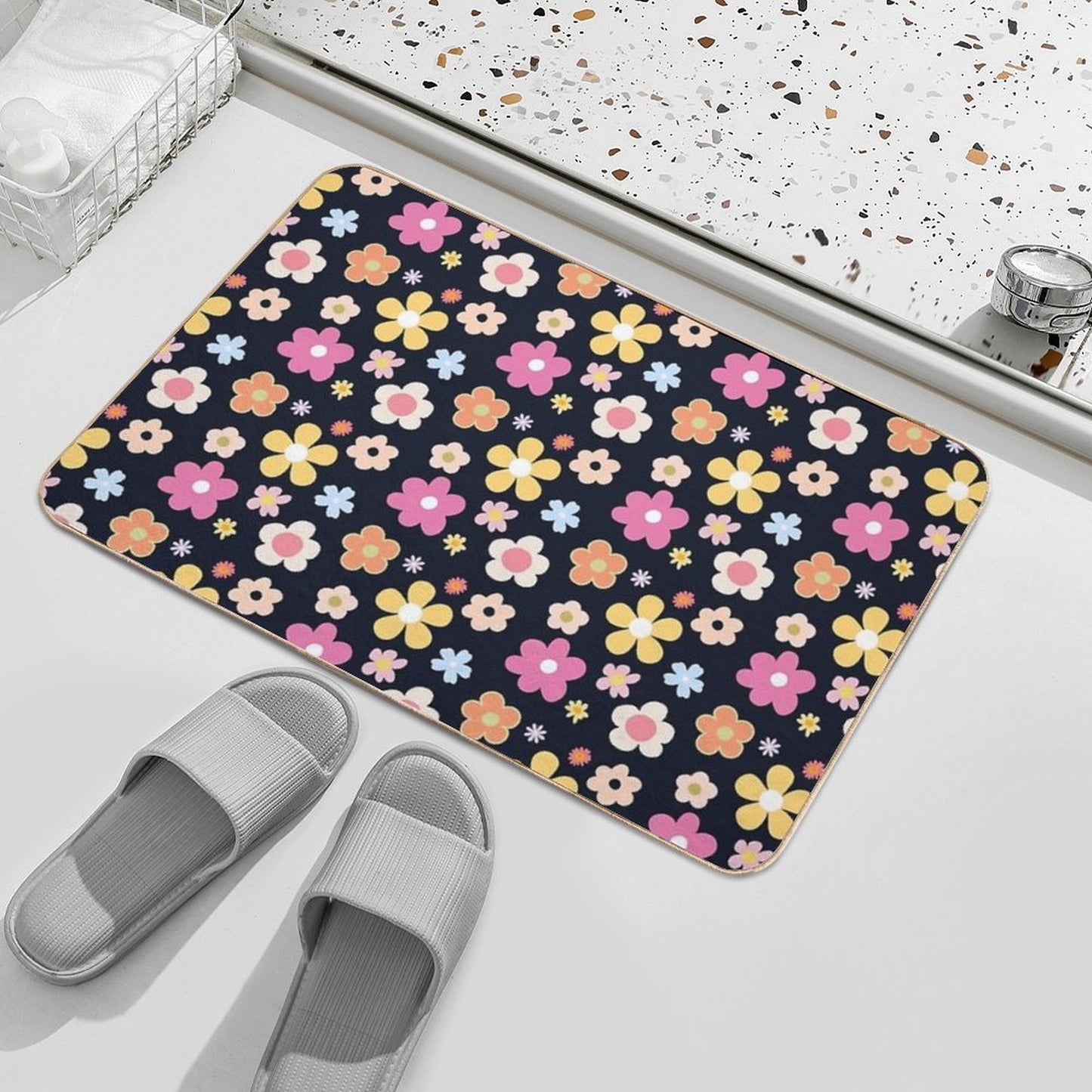 Cute Flower Dark Blue Theme  Odorless Bath Mat