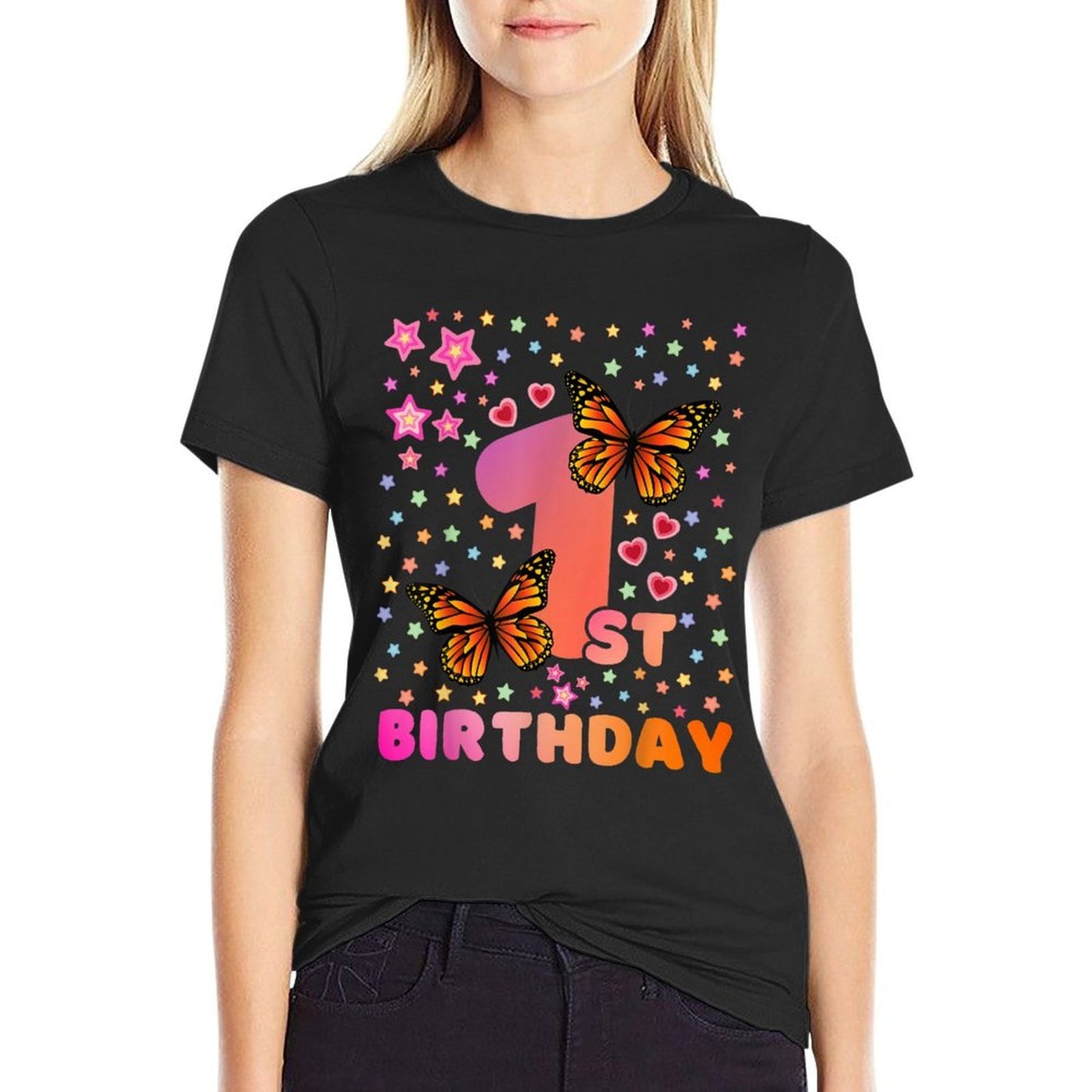Kids 1 Year Old Girl 1st Bday Butterfly Birthday Party Gifts  Oversized Silhouette T-Shirt