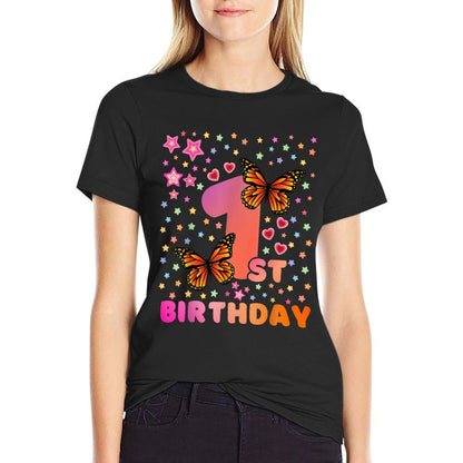 Kids 1 Year Old Girl 1st Bday Butterfly Birthday Party Gifts  Oversized Silhouette T-Shirt
