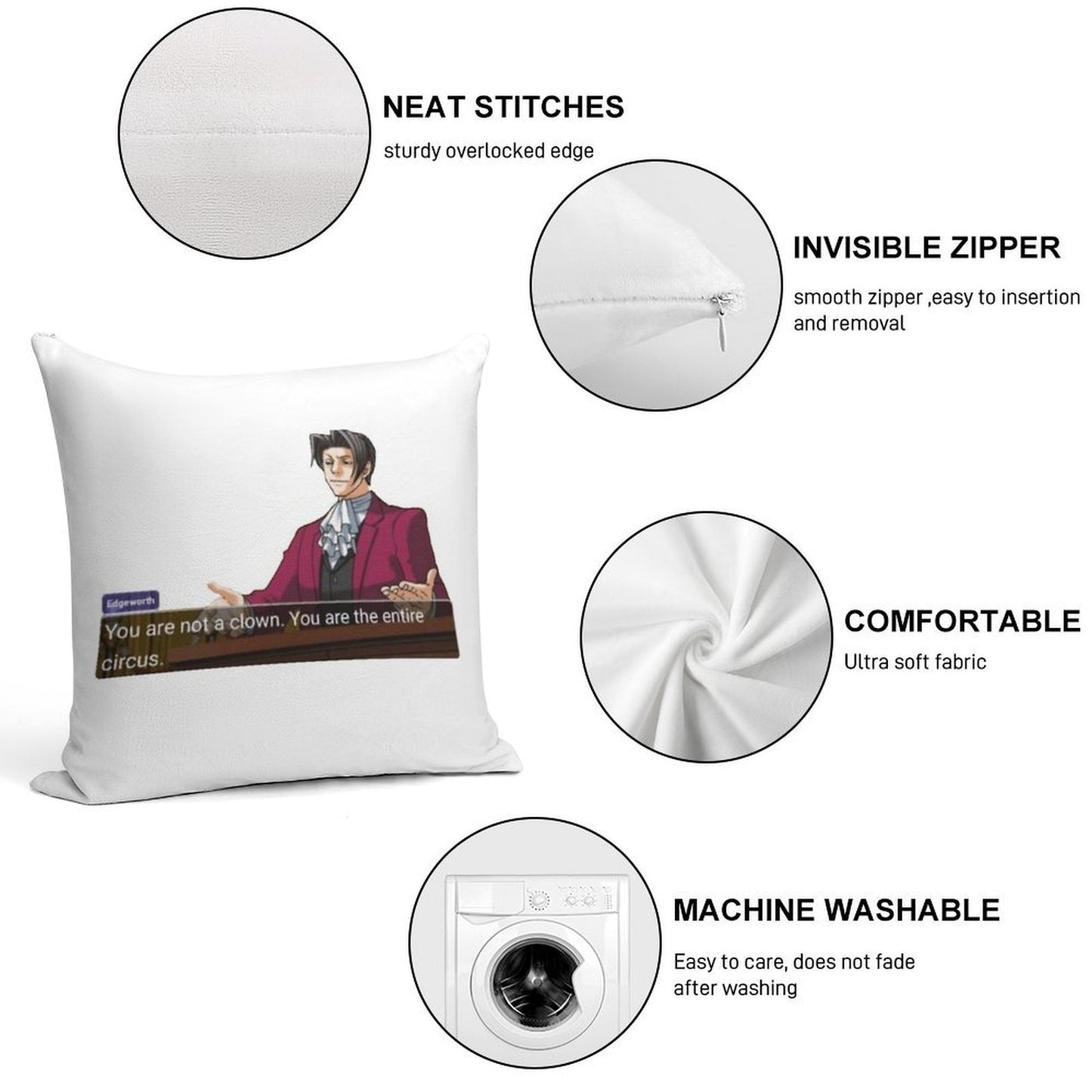Miles Edgeworth Soft Washable Throw Pillow