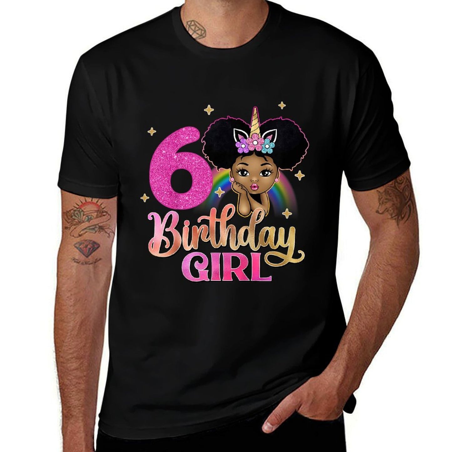 Kids 6th Birthday Girl Afro Melanin Unicorn Princess 6 Yrs Old  Oversized Silhouette T-Shirt