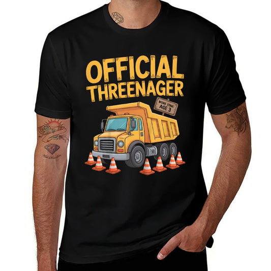 Kids Birthday Boy Three Years Old Threenager Construction Truck  Heathered Texture T-Shirt