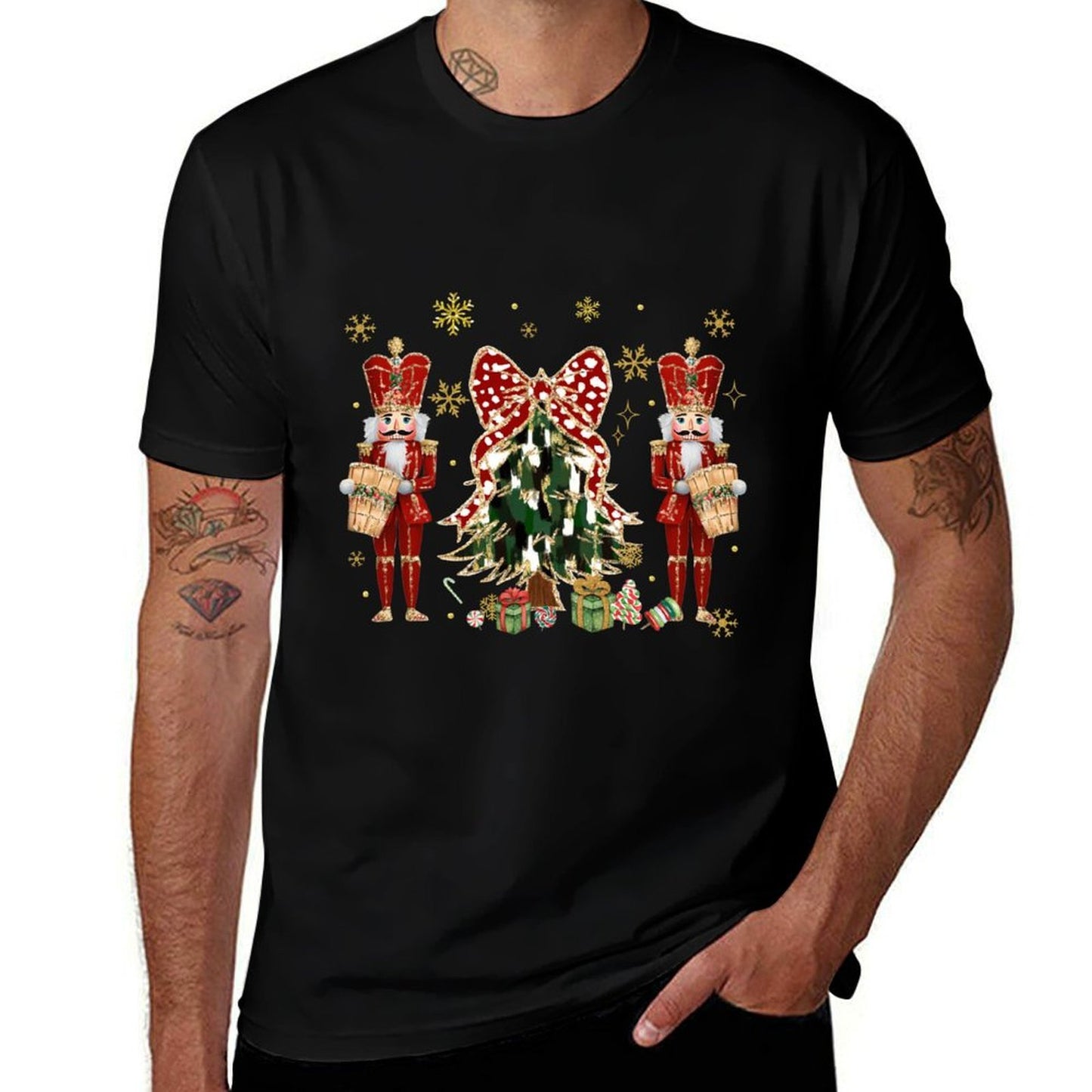 Women Christmas Tree Brushstroke Coquette Bow Red Nutcracker  High-quality Stitching T-Shirt