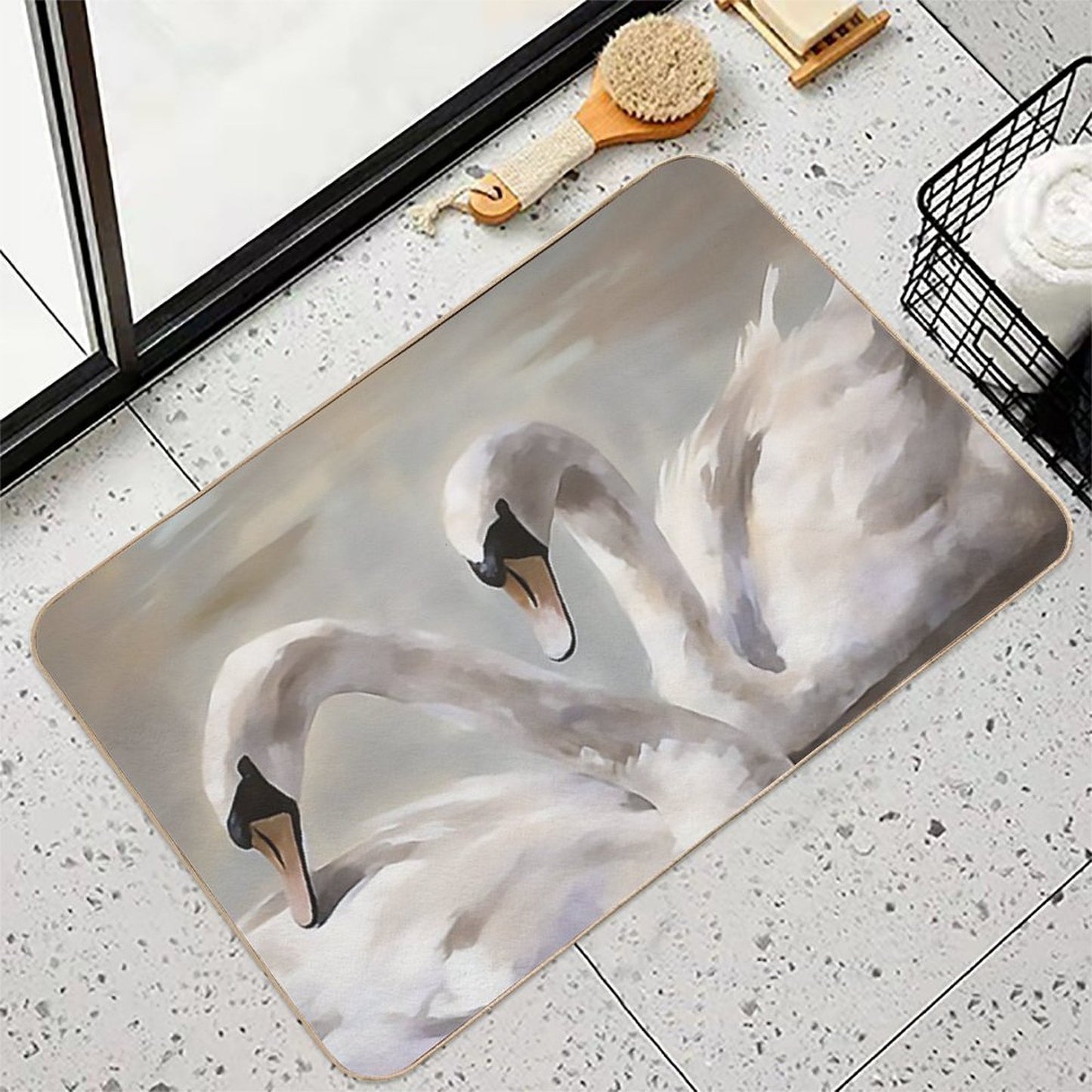 Coquette Aesthetic Vintage Painting of Two Swans  Stain-Proof Bath Mat