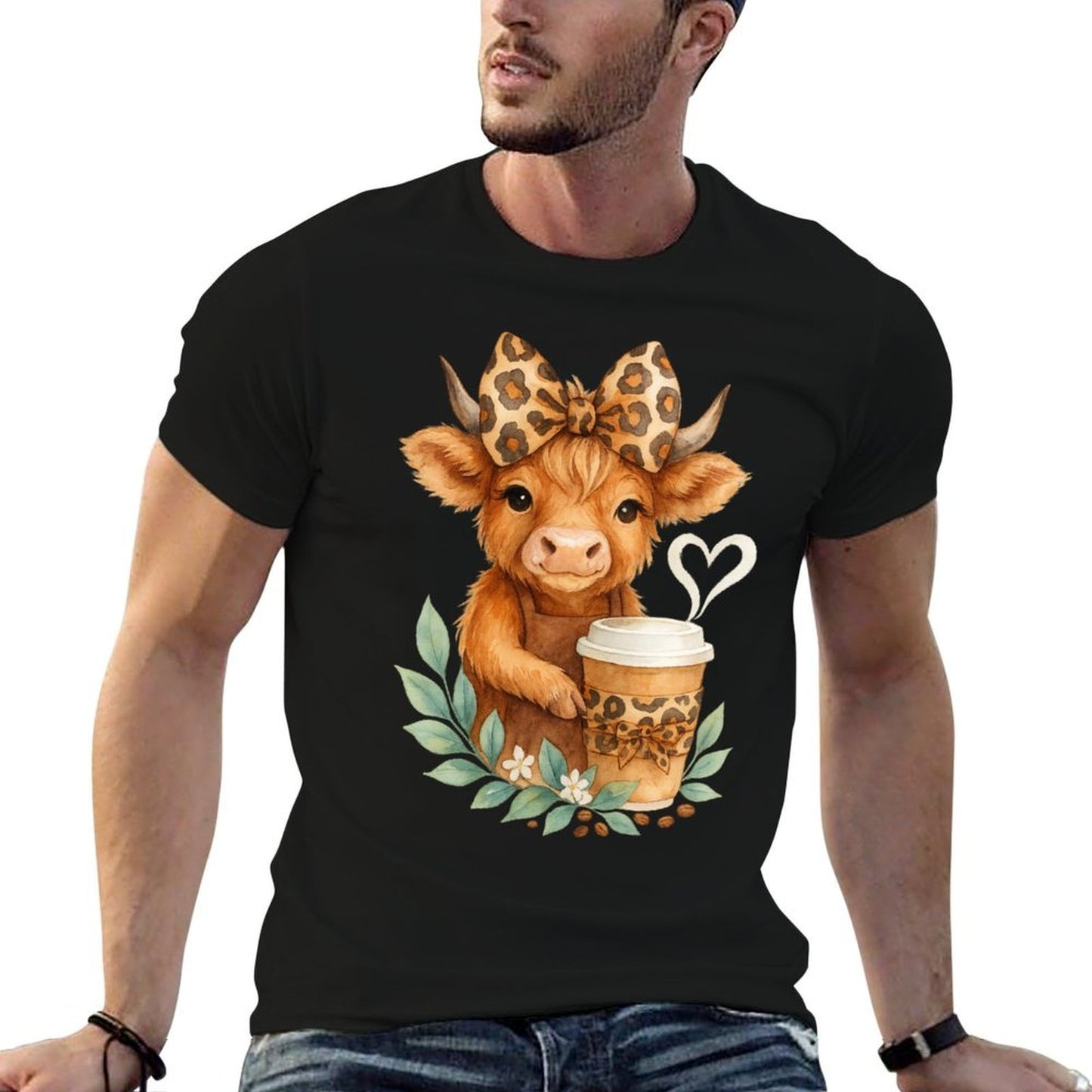 Cute Cow Holding Coffee Highland Cow with Leopard Bow  Classic T-Shirt