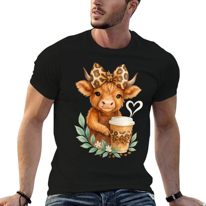 Cute Cow Holding Coffee Highland Cow with Leopard Bow  Classic T-Shirt