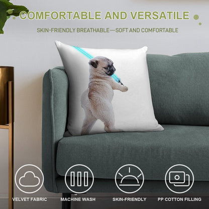 Pug with Lightsaber Soft Short Plush Fabric Throw Pillow