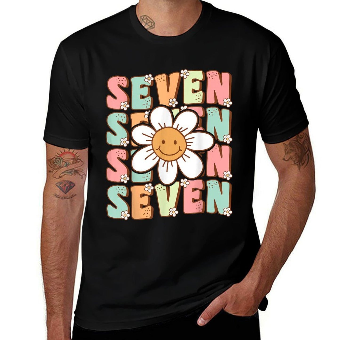 Cute Groovy 7th Birthday Party Daisy Flower Seven Year Old  Heathered Texture T-Shirt