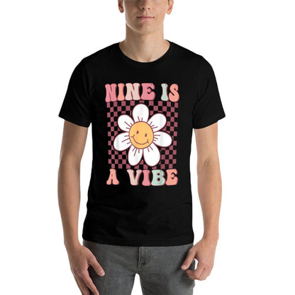 Nine Is A Vibe Cute Groovy 9th Birthday Party Daisy Flower  Oversized Silhouette T-Shirt
