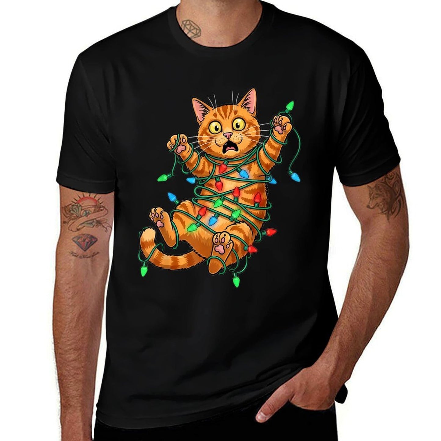 Funny Orange Cat Christmas Light Catmus  Ribbed Collar T-Shirt