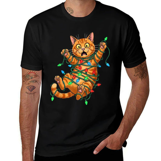 Funny Orange Cat Christmas Light Catmus  Ribbed Collar T-Shirt