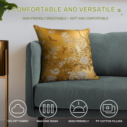 Gold Chinoiserie Floral Soft Durable Construction Throw Pillow