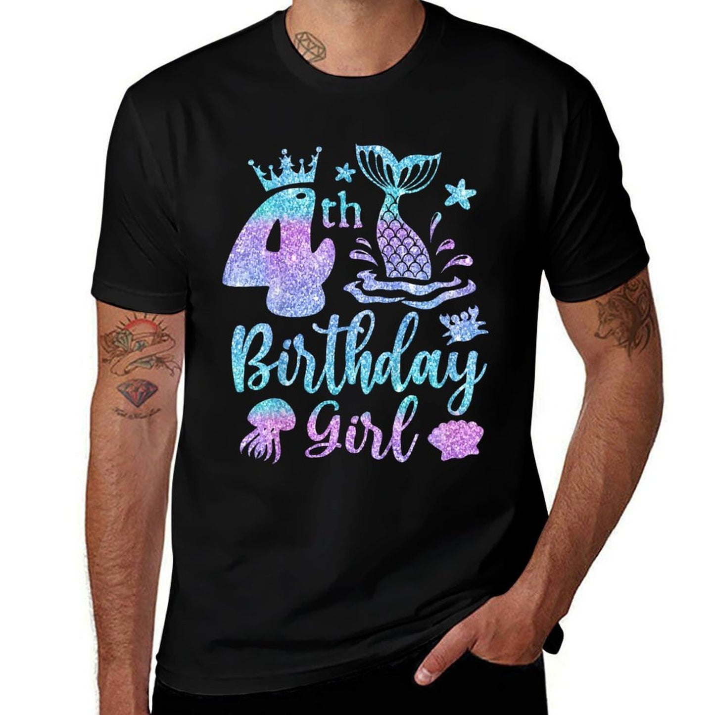 Kids Mermaid Birthday 4 Years Old 4th Bday Sea Mermaid For Girls  Ribbed Collar T-Shirt