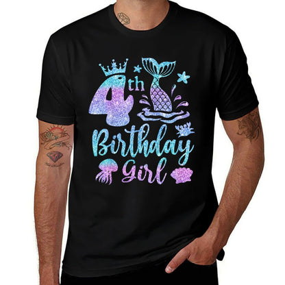Kids Mermaid Birthday 4 Years Old 4th Bday Sea Mermaid For Girls  Ribbed Collar T-Shirt