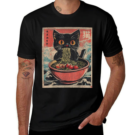 Anime For Men Women Kids Cat Ramen Noodles Unisex Anime Cat Ramen Japanese Funny Graphics Kawaii Cat Anime Gifts Black XS  Heathered Texture T-Shirt