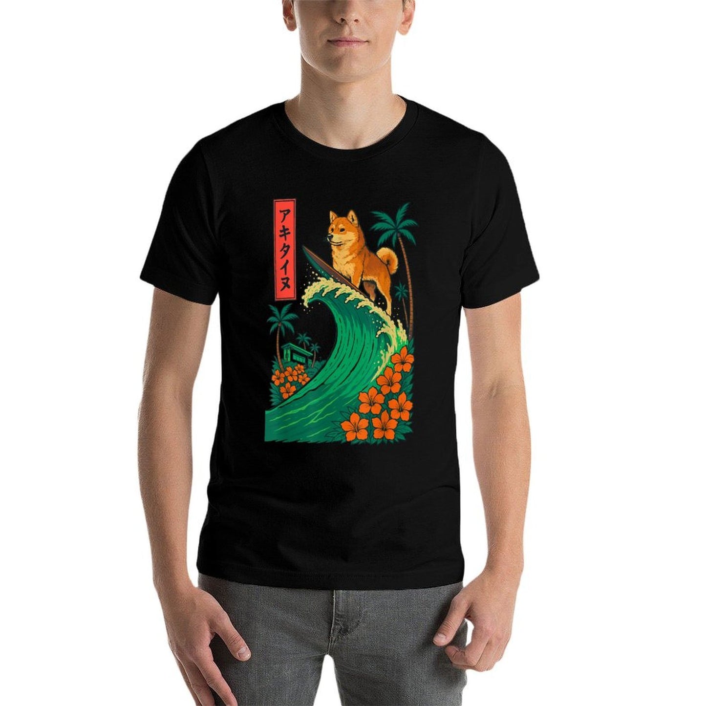 Japanese Shiba Inu Surfing Wave Great Wave Japan  High-quality Stitching T-Shirt