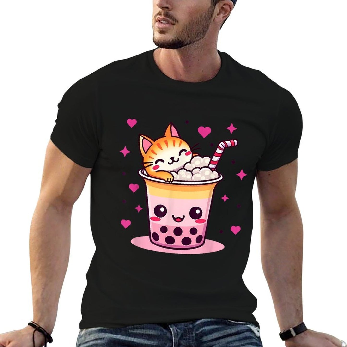 Funny Cat Boba Tea Cute Cat Anime With Bubble Tea Lover  Polyester Blend T-Shirt