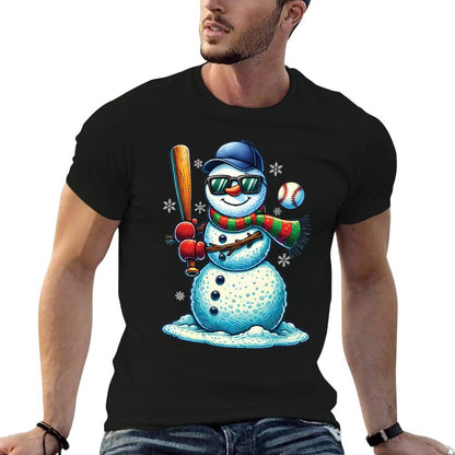 Snowman Playing Baseball Lovers Boys Kidsns Christmas  High-quality Stitching T-Shirt