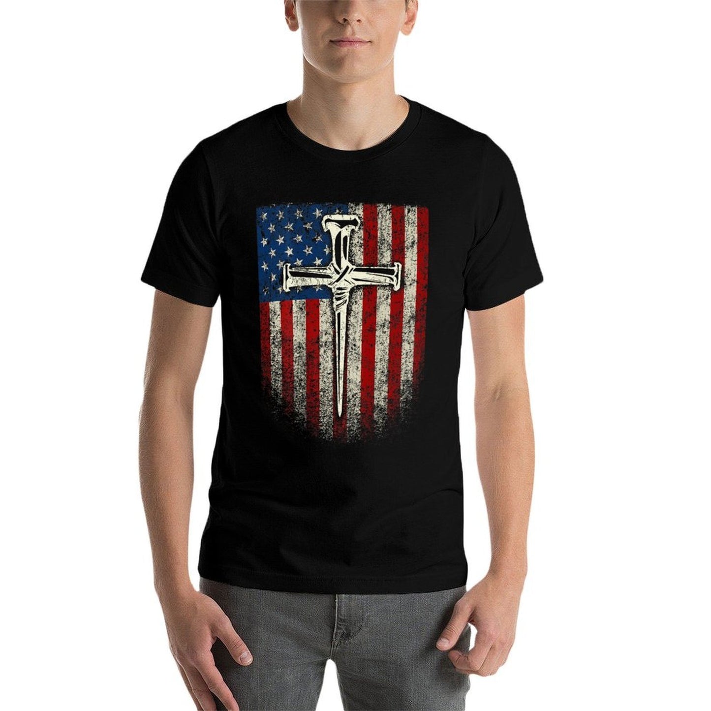 (Art on Back) American US Cross Christian  Heathered Texture T-Shirt