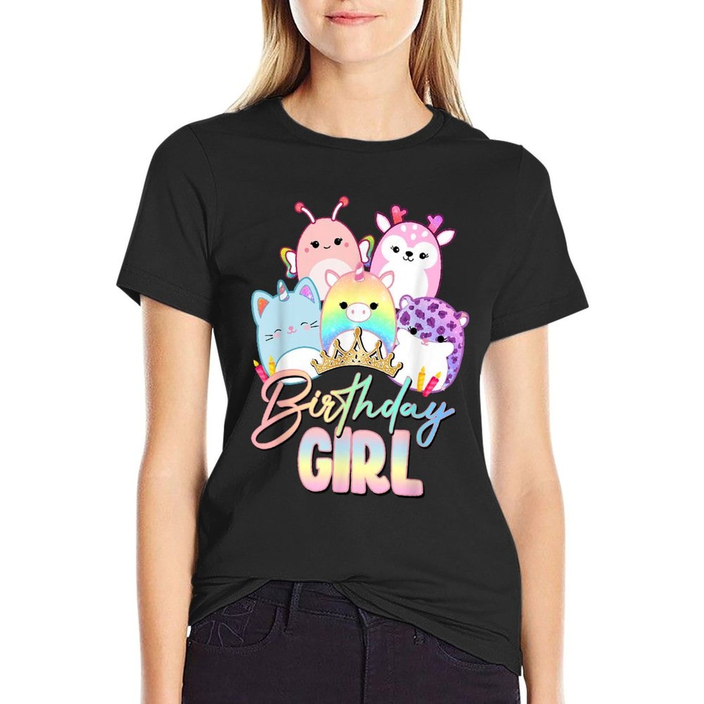 Happy Birthday Girl Squish Squad Mallow Girls Kids Cute  Ribbed Collar T-Shirt