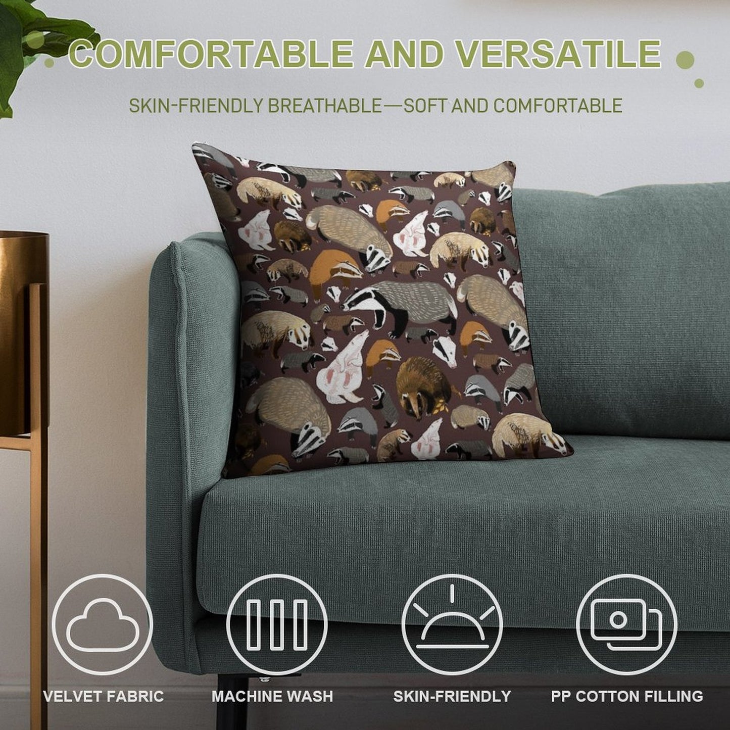 European Badger Soft Short Plush Fabric Throw Pillow