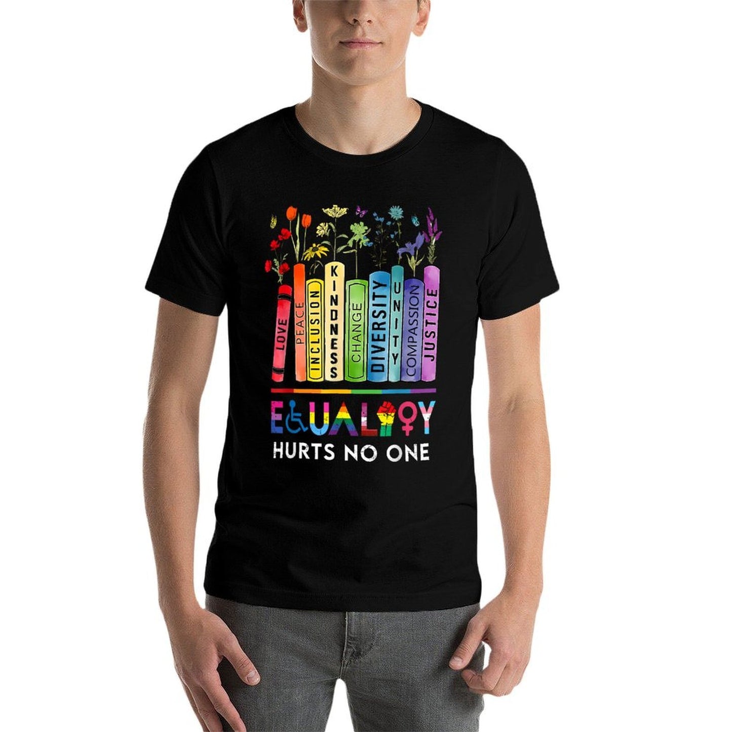 Equality Hurts No One Book Flower Rainbow Pride Month LGBTQ  Relaxed-fit T-Shirt