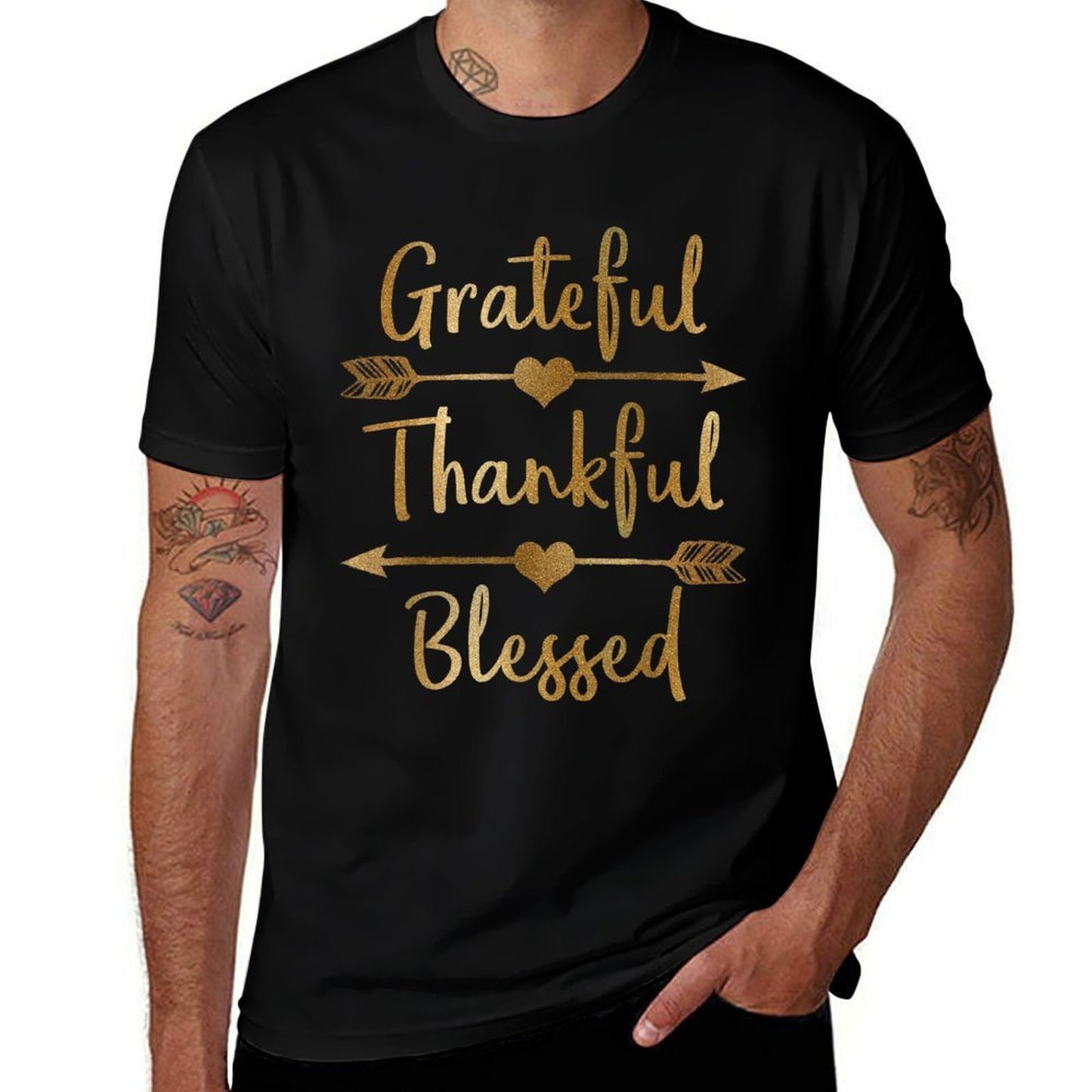 Gold Grateful Thankful Blessed Thanksgiving  Tagless Design T-Shirt