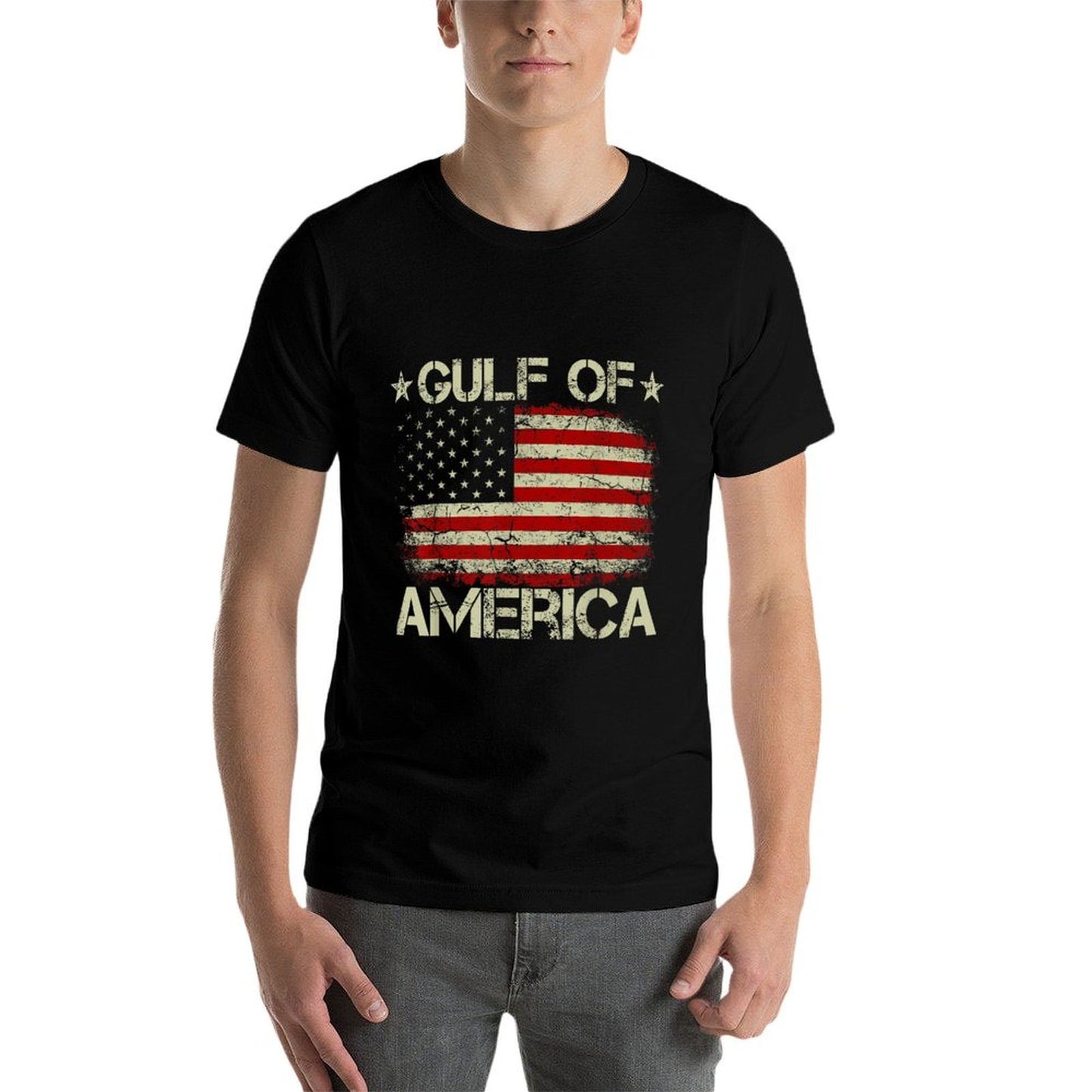 Gulf of USA America Vintage American Flag Patriotic Ribbed Collar T-Shirt