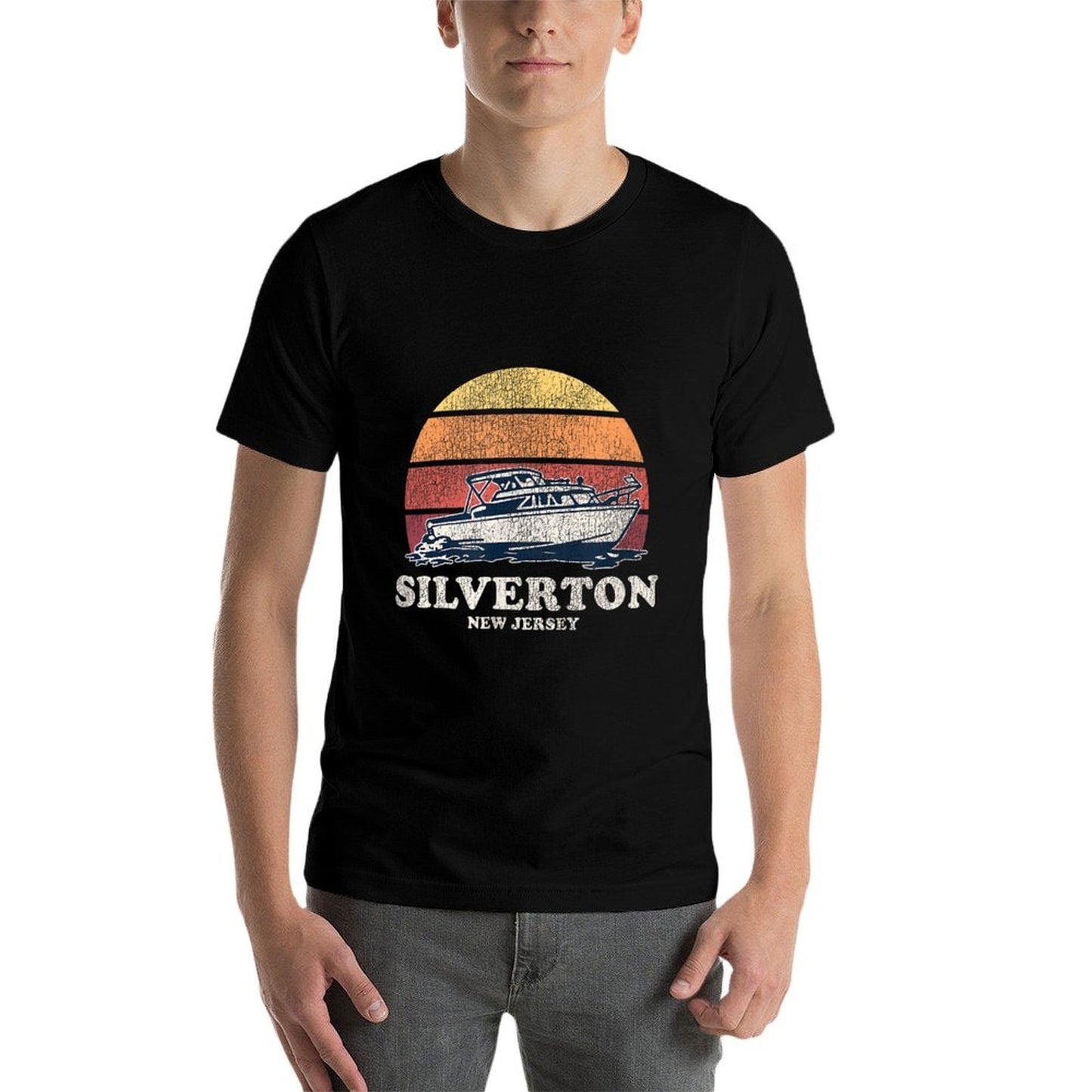 Silverton NJ Vintage Boating 70s Retro Boat Design  Moisture-wicking T-Shirt