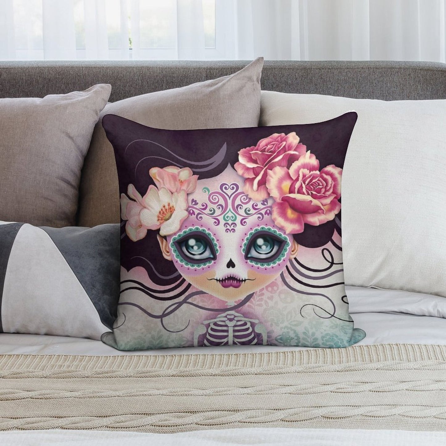 Camila Huesitos - Sugar Skull Soft Durable Construction Throw Pillow