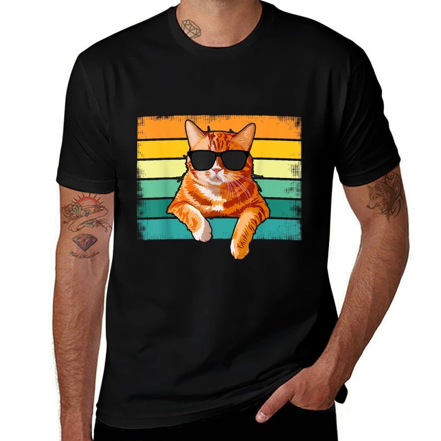 Vintage Style Orange Tabby Cat Wearing Sunglasses Funny  Rolled Sleeves T-Shirt