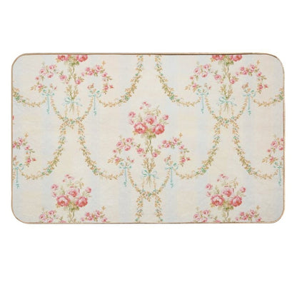 Rococo Vintage French Floral Wallpaper With Roses, Ribbons And Bows  Fade-Resistant Bath Mat
