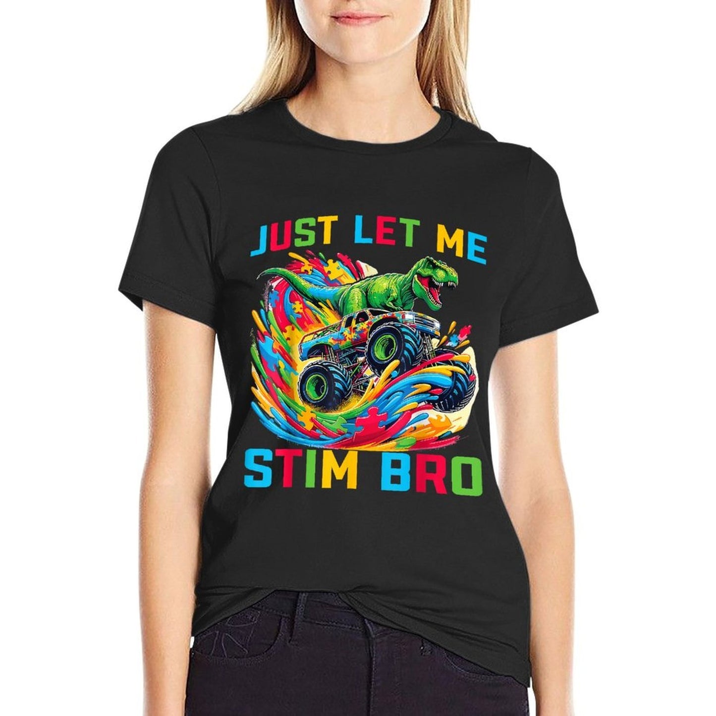 Just Let Me Stim Bro Dino Kids Boys Funny Autism Awareness  Summer-ready Fabric T-Shirt