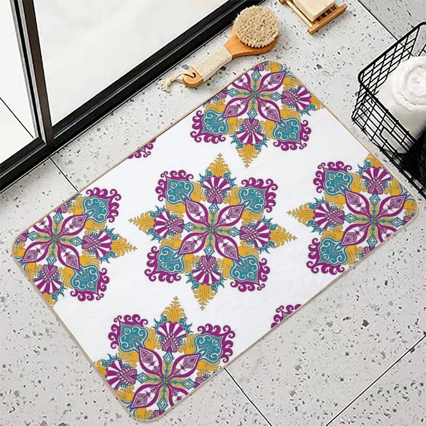 Colorful Fuchsia, Yellow And Blue Mandala.  Stain-Proof Bath Mat