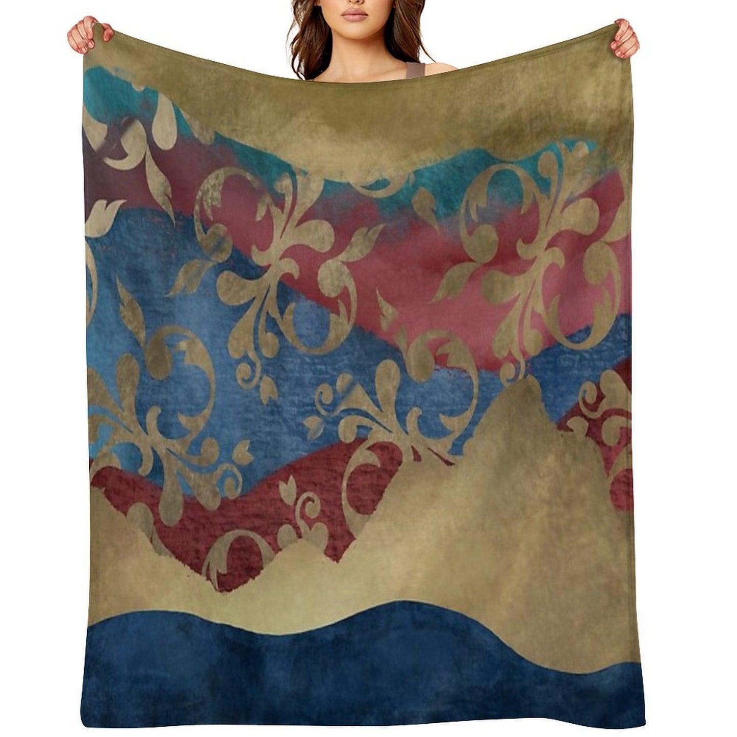 Gold Blue And Red Layered Pattern Art Versatility Throw Blanket