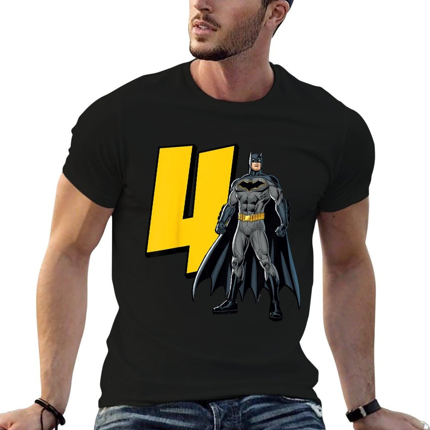 Kids Batman Super Hero 4th Birthday  Ribbed Collar T-Shirt