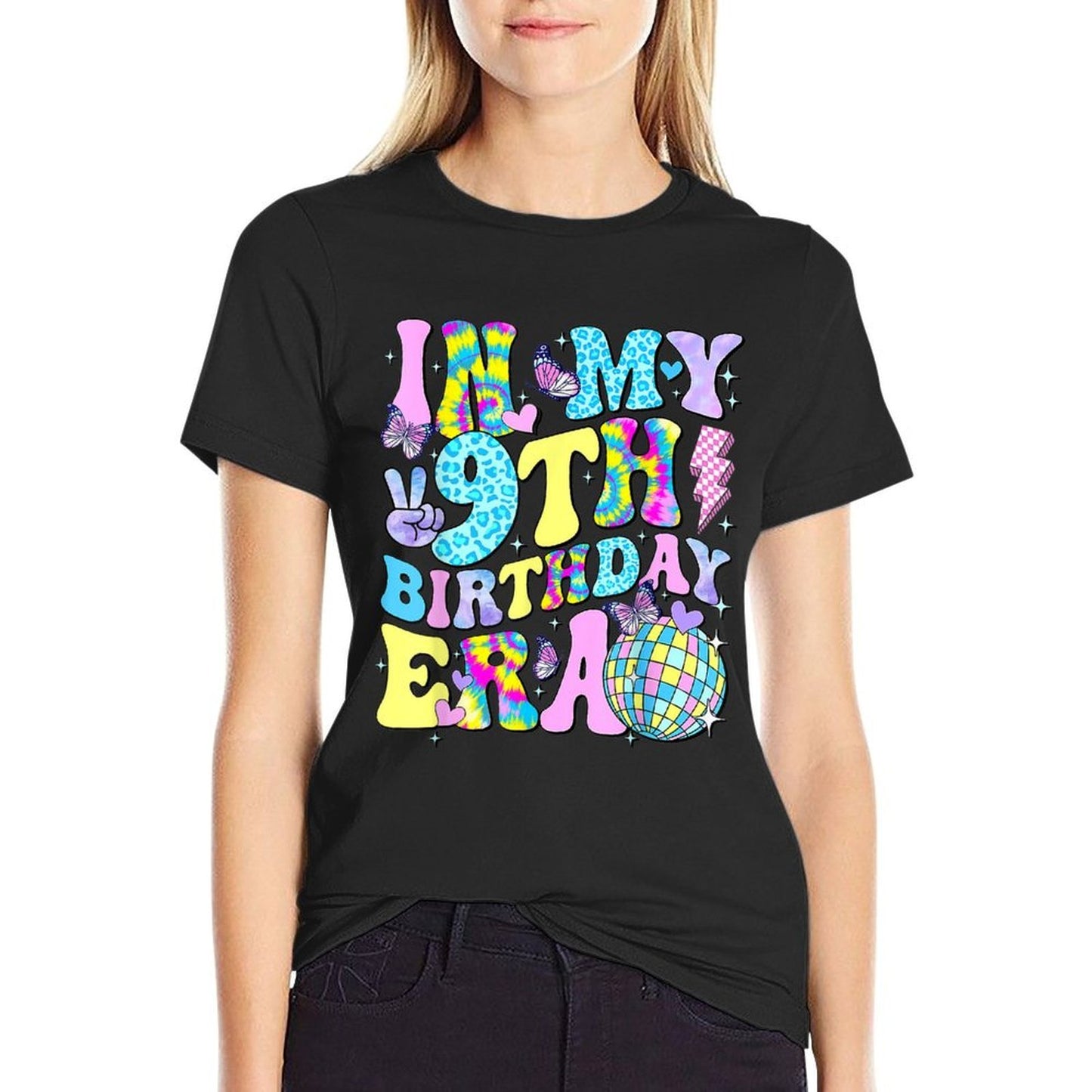 In My 9th Birthday Era Six 9 Years Old Kid Bday Girl Party  Ribbed Collar T-Shirt