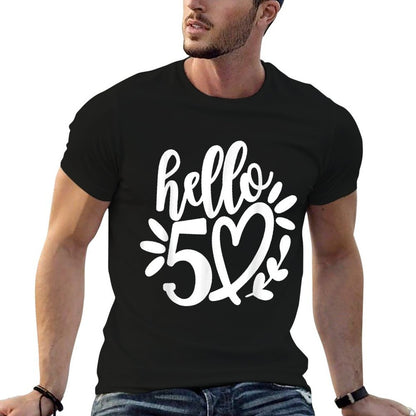 Hello 50 with Cute Heart, Hello Fifty Squad, 50th Birthday  Trendy Pattern T-Shirt