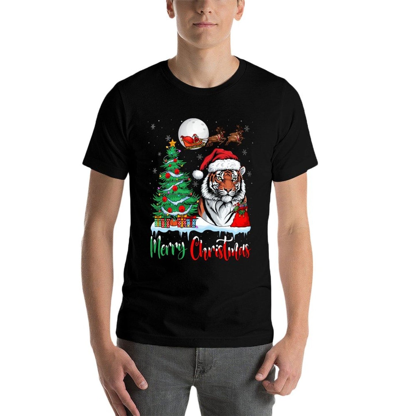 Tiger Lover Santa Hat Xmas Lights Merry Christmas Tiger  Stretchy T-Shirt