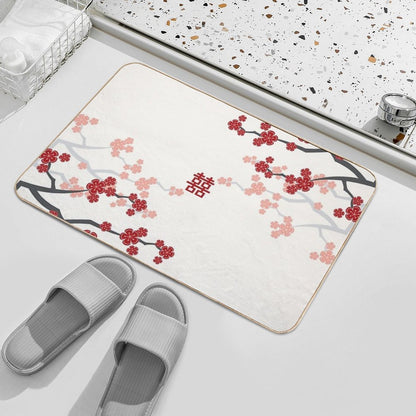 Red Oriental Cherry Blossoms on Ivory And Chinese Wedding Double Happiness  Japanese Sakura © Fatfatin  High-Traffic Bath Mat