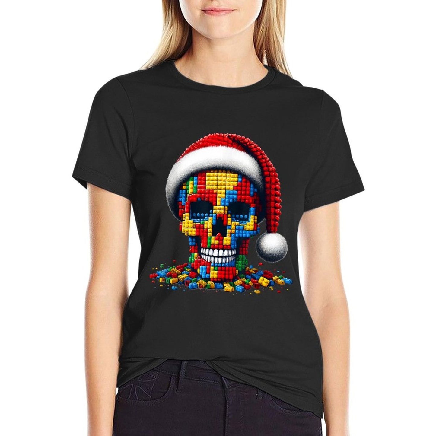 Christmas Skull Santa Hat Block Bricks Master Builder  Eco-friendly Material T-Shirt