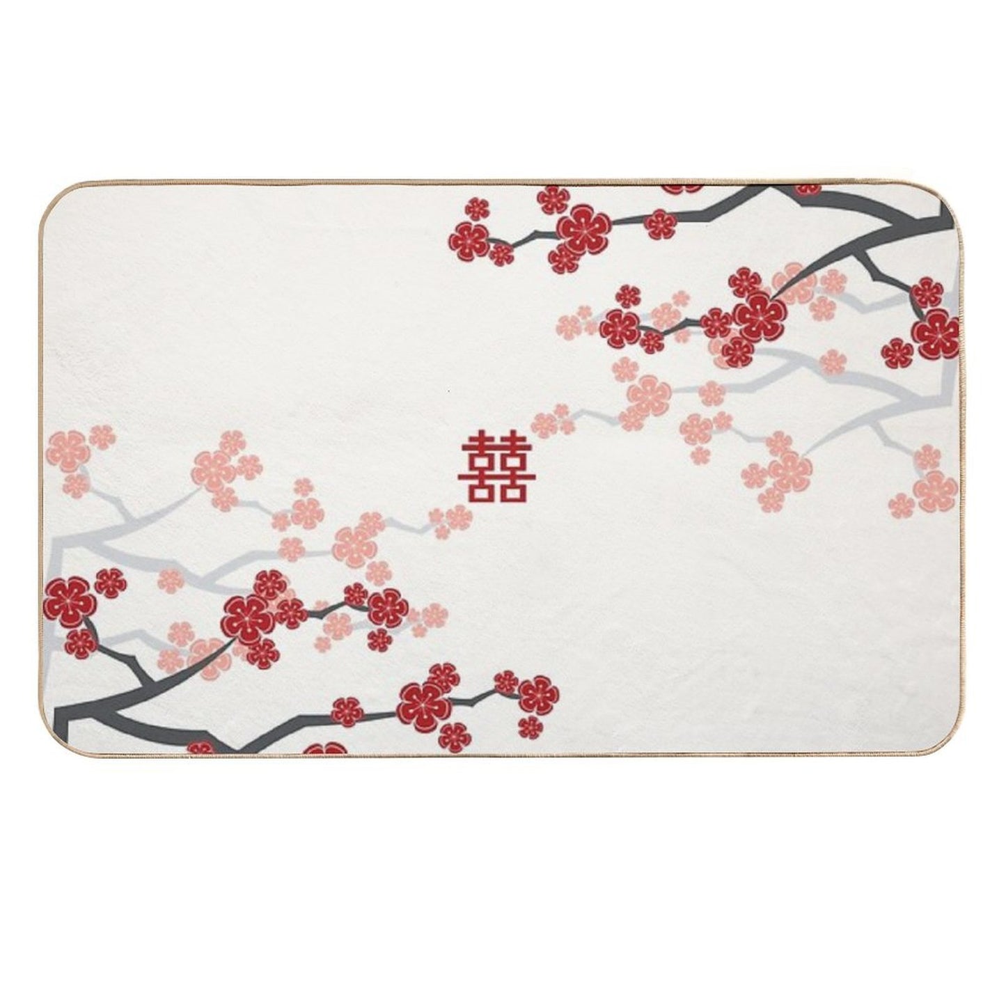 Red Oriental Cherry Blossoms on Ivory And Chinese Wedding Double Happiness  Japanese Sakura © Fatfatin  High-Traffic Bath Mat