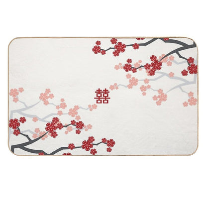 Red Oriental Cherry Blossoms on Ivory And Chinese Wedding Double Happiness  Japanese Sakura © Fatfatin  High-Traffic Bath Mat