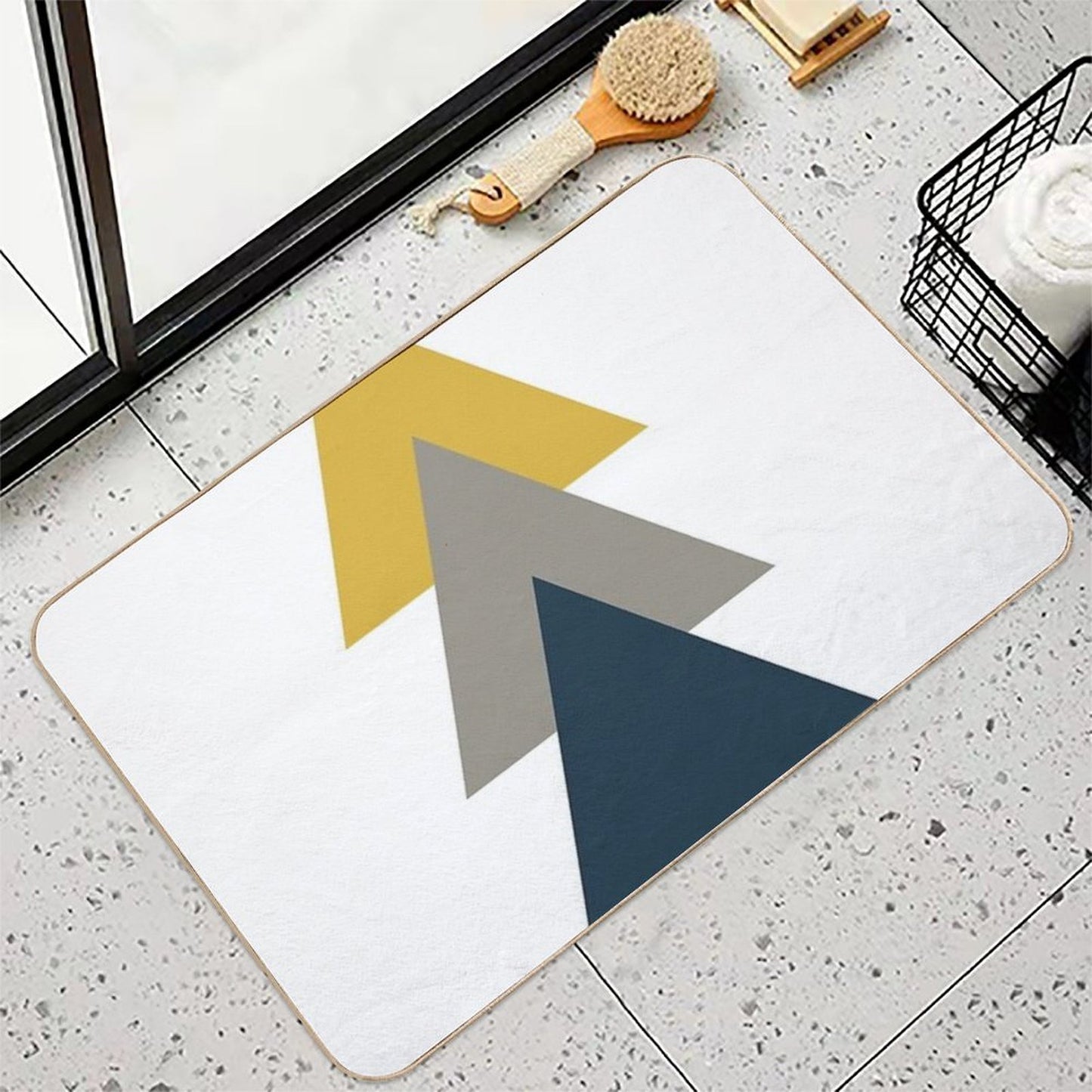 Triangle Trio. Minimalist Geometric in Light Mustard Yellow, White, Grey, And Navy Blue  Pet-Safe Bath Mat