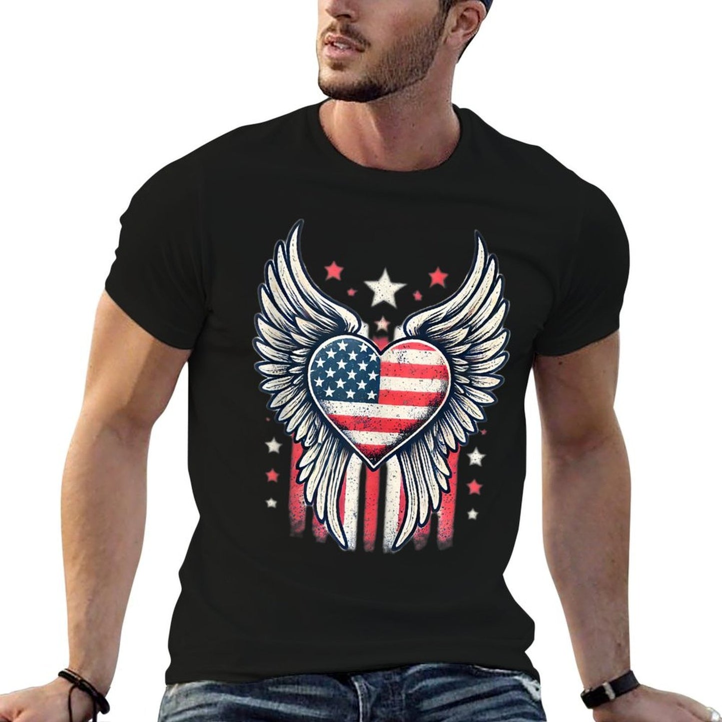 4th of July Patriotic Heart Angel Wings American US USA  Slim-fit Cut T-Shirt