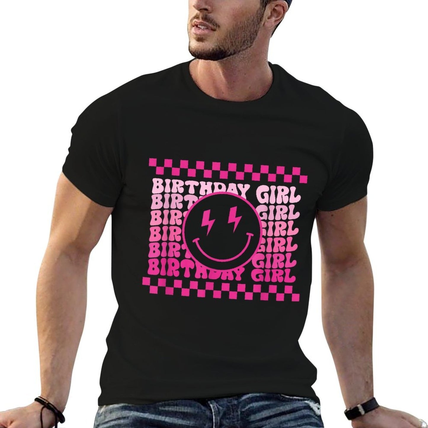 Birthday Girls Groovy Smile Face Checkered Birthday Party  Classic T-Shirt