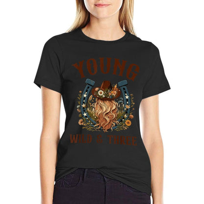 Young Wild & Three 3rd Birthday Wildflowers Western Boho  Cotton T-Shirt