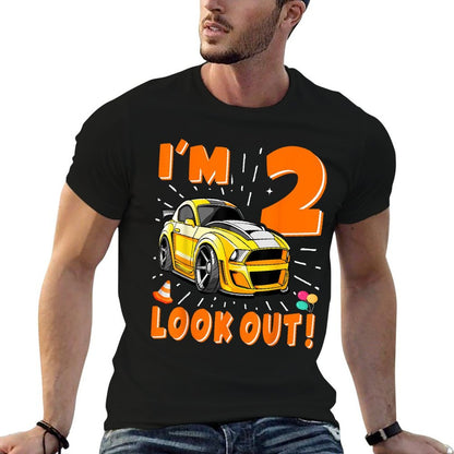 Two 2nd Birthday Boy Race Car 2 Years Old Car Racing  Fade-proof Color T-Shirt
