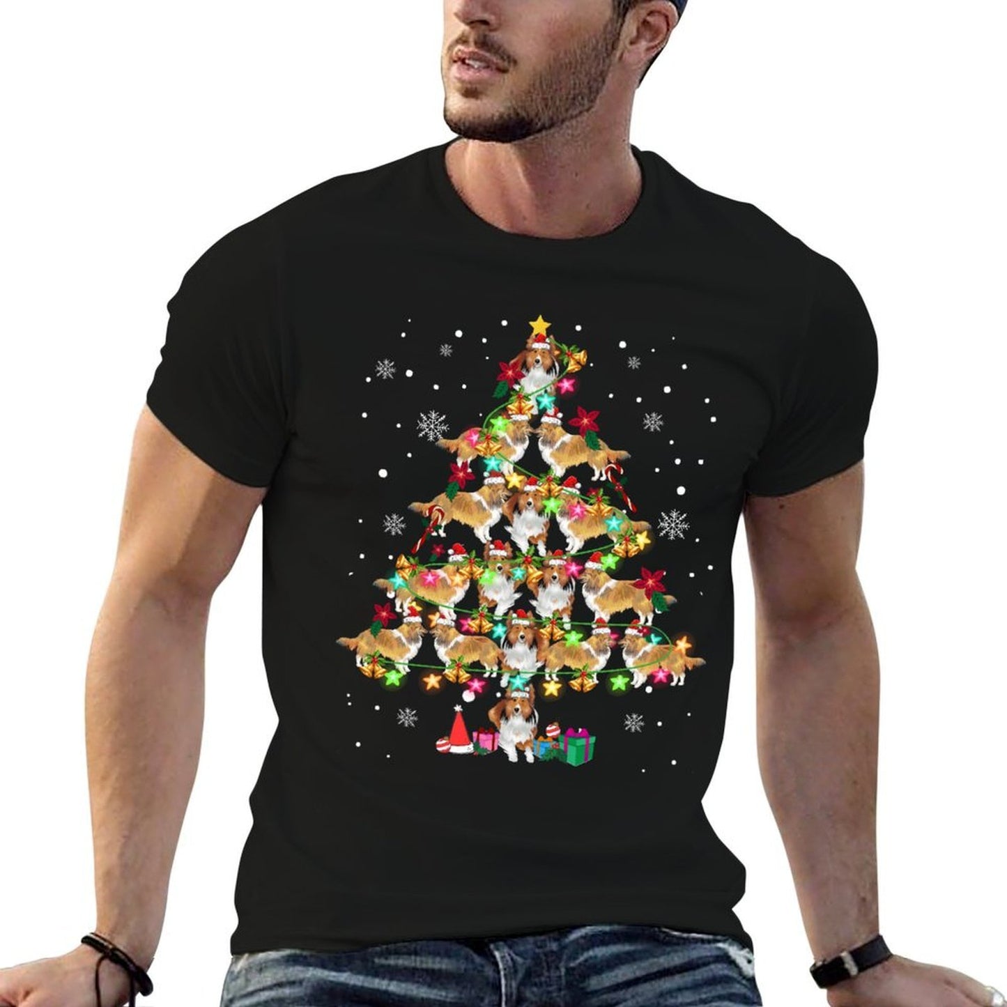 Shetland Sheepdog Christmas Tree Funny Sheltie Christmas  Summer-ready Fabric T-Shirt