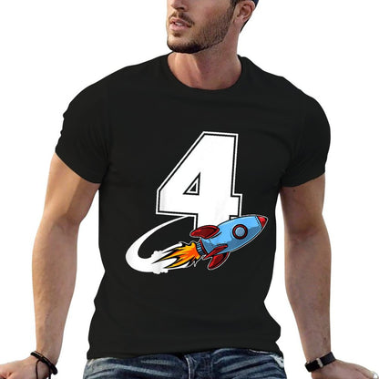 Kids Outer Space 4 Year Old 4th Birthday Four Rocket Ship Party  Rolled Sleeves T-Shirt